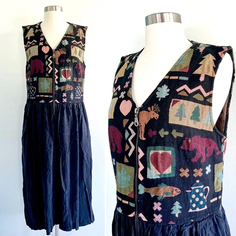 Vintage 80’s Twin Peaks brocade camping bib dress